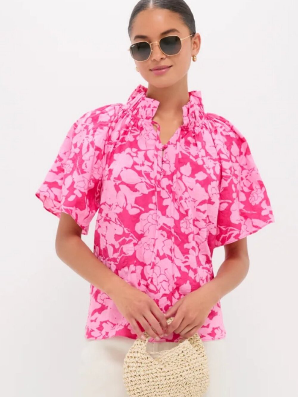 Lilly Pulitzer Pink Floral Ruffle-Neck Flutter Sleeve Blouse
